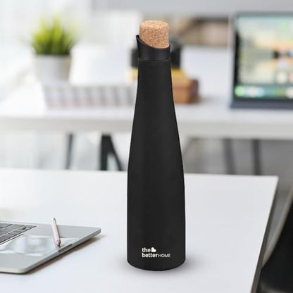 The Better Home Rogue Series Insulated 500ml Black Water Bottle with Cork Cap for Office, Kids, Hot/Cold, Stainless Steel, Aesthetic.