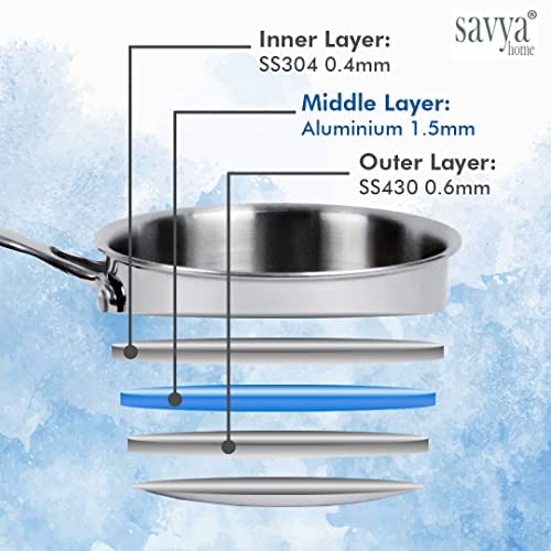 SAVYA HOME Triply Cookware Combo: Kadai 26cm-3L, Saucepan 18cm, Casserole 22cm-4L, SS Lids, Stove & Induction Compatible.