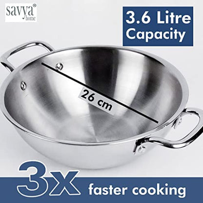 SAVYA HOME Triply Cookware Combo: Kadai 26cm-3L, Saucepan 18cm, Casserole 22cm-4L, SS Lids, Stove & Induction Compatible.