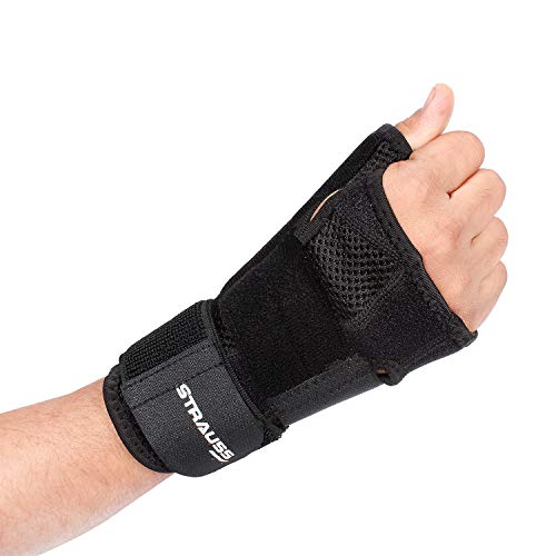 STRAUSS Thumb Support with Wrist Wrap for Pain Relief, Sprains, Strains, Tendonitis, Carpal Tunnel, Trigger Thumb. Universal Size, Black.