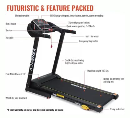 Reach T-301 Folding Treadmill Peak 4 HP  Foldable Home Fitness Equipment with LCD Display for Walking  Running  Cardio Exercise Gym Machine  4 Incline Levels  12 Preset or Adjustable Programs  Bluetooth Connectivity  100 Kgs Max User Weight