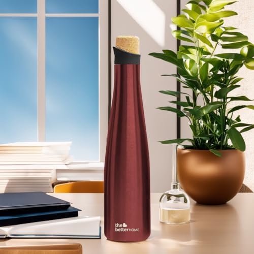 The Better Home Insulated Stainless Steel Water Bottle 750ml  18 Hours Insulation Cork Cap  Hot Cold Gym Office School  Airtight Leak Proof BPA Free  Wine Colour  1 Bottle Pack