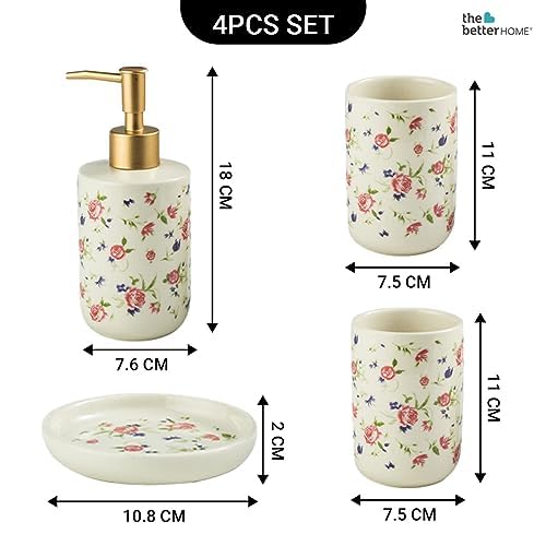 The Better Home Ceramic 4 Pc Bathroom Set: Soap Dispenser, Toothbrush Holder, Soap Holder, Tumbler, White.