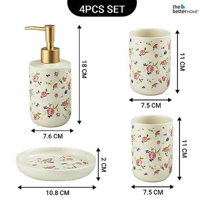 The Better Home Ceramic 4 Pc Bathroom Set: Soap Dispenser, Toothbrush Holder, Soap Holder, Tumbler, White.