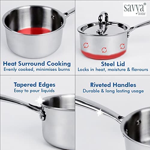 SAVYA HOME Triply Cookware Combo: Kadai 26cm-3L, Saucepan 18cm, Casserole 22cm-4L, SS Lids, Stove & Induction Compatible.