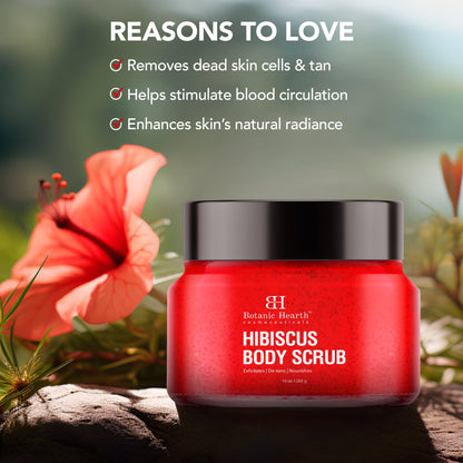 Hibiscus Body Scrub: Exfoliates, brightens, smooths, hydrates skin. For all skin types, body & feet. Unisex, 283g.