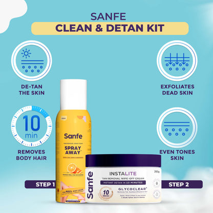 Sanfe Clean  Detan Kit  For Arms  Legs  Sanfe Hair Removal Spray   Sanfe Instalite Wipe-off Body Cream For Men