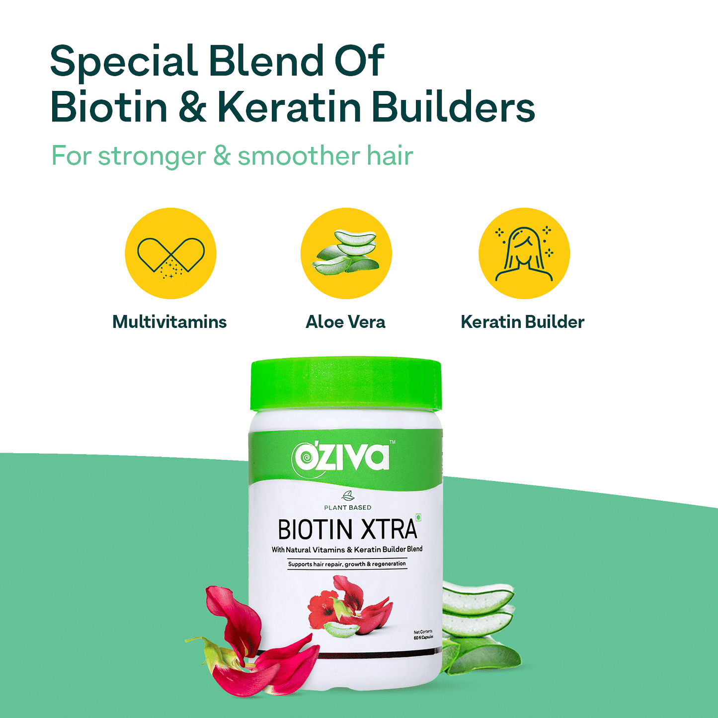 Oziva Plant Based Biotin Xtra  60 Capsules  Natural Vitamins  Keratin  Hair Repair  Growth