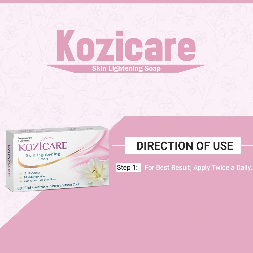 Kozicare Skin Lightening Soap: Kojic Acid, Arbutin, Vitamins C & E, Glutathione, sunscreen, moisturizes, 75g, Pack of 9.