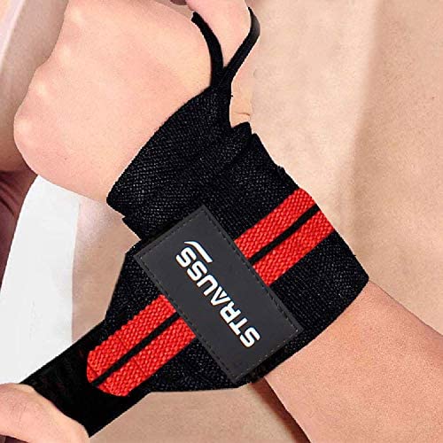 STRAUSS WL Cotton Wrist Supporter with Thumb Loop, Adjustable, Breathable, Powerful Velcro, Soft Material, Black/Red for Gym Workouts & Strength Training.