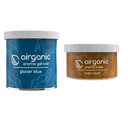 Airganic Aroma Car Freshener Combo Pack  Gel Can Glacier Blue  Aroma Cube Swiss Wood air fragrance