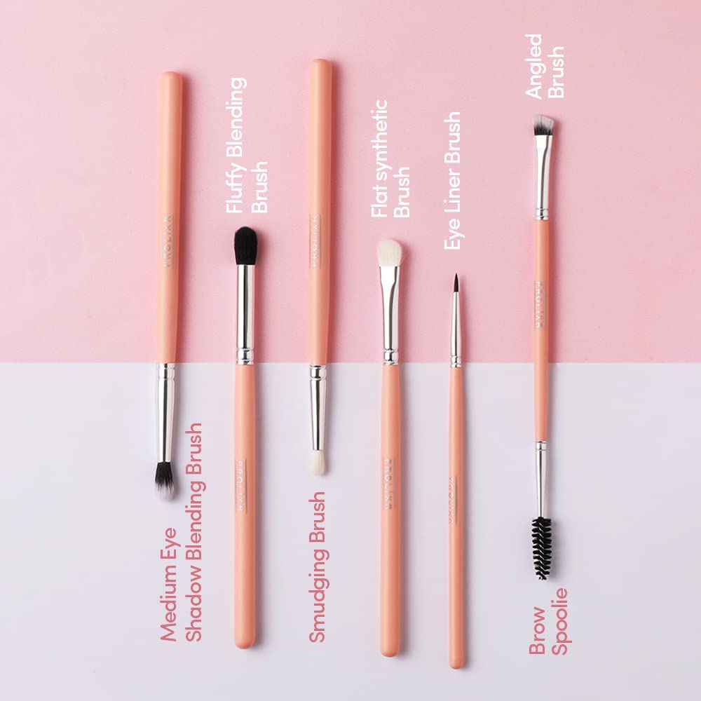 Prolixr Eye Makeup Brush Set: Professional, Precise, Seamless, Hygienic, Vegan. Includes Pink Travel Pouch. 6 Pieces.