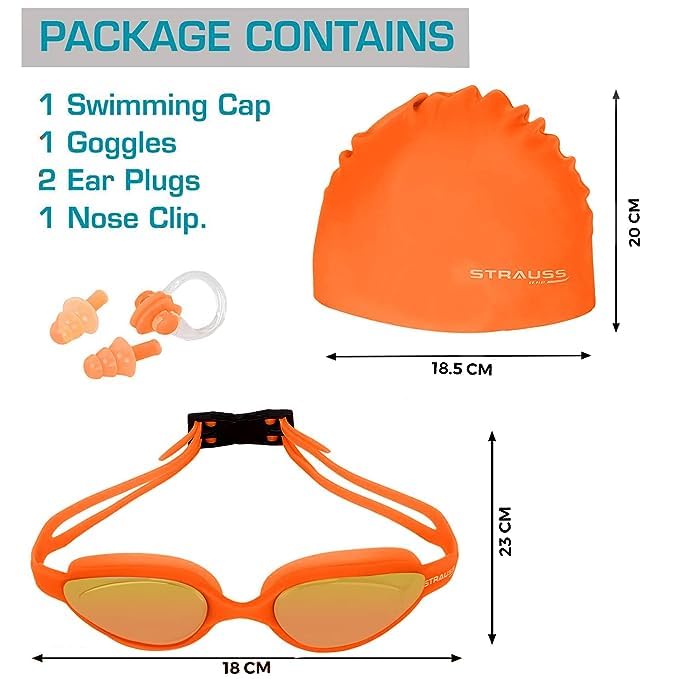 STRAUSS Swimming Goggles Set with UV and Anti Fog Protection  Swimming Kit of GogglesCapEarplug  Nose Plug Set - Ideal for All Age Group  Pack of 5