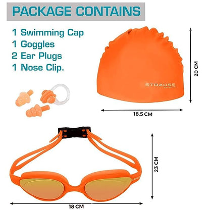 STRAUSS Swimming Goggles Set with UV and Anti Fog Protection  Swimming Kit of GogglesCapEarplug  Nose Plug Set - Ideal for All Age Group  Pack of 5