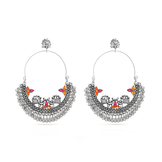 Yellow Chimes Oxidised Earrings for Women Silver Oxidised Peacock Chand Bali Earrings for Women and Girls.