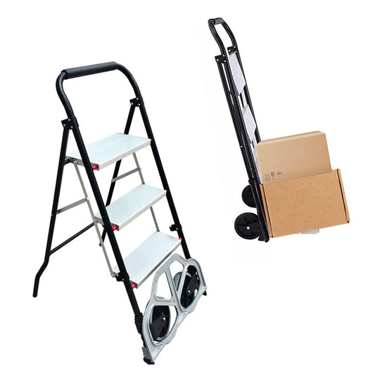 Cheston 2-in-1 Metal Hand Truck & 3-Step Ladder, Portable Folding Cart, 100kg Ladder, 250kg Dolly, TPR Hand Grip for Goods & Luggage