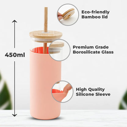 The Better Home 450ml Borosilicate Glass Tumbler with Bamboo Lid & Straw, Leak & Sweat Proof, Durable Travel Coffee Mug - Peach