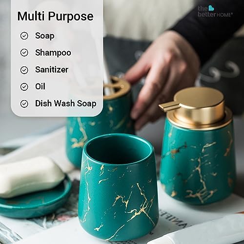 The Better Home 4pcs Ceramic Bathroomware Bathroom Liquid soap Dispenser Set Green Toothbrush Holder and Tumbler Set of 2