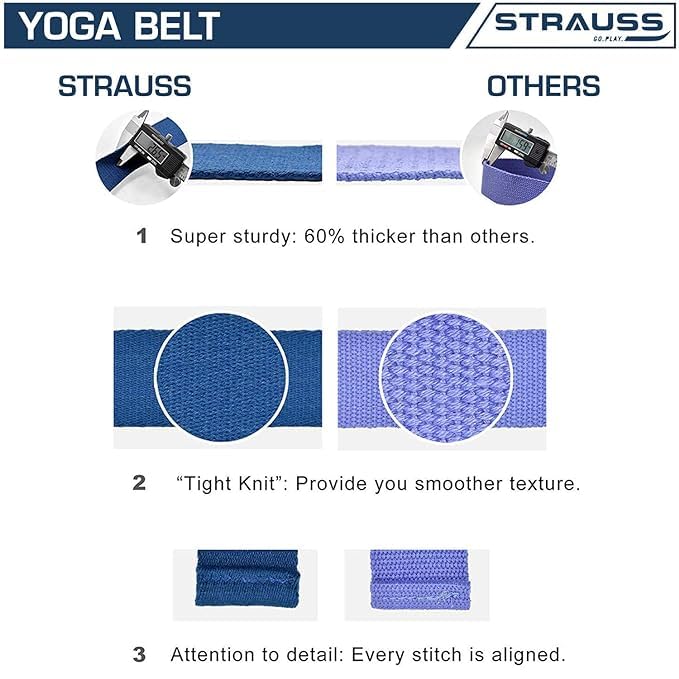 Strauss Yoga Strap, 8ft, Blue, Pack of 24. Ideal for Yoga, Pilates, Therapy, Dance, Gymnastics. Thicker Belt, Adjustable Metal D-Ring Buckle.