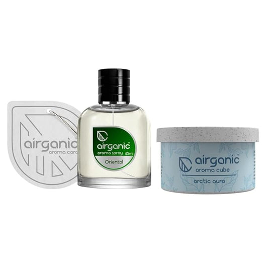 Airganic Aroma Car Freshener Combo Pack  Fine Spray Oriental   Aroma Cube Artic Aura air fragrance