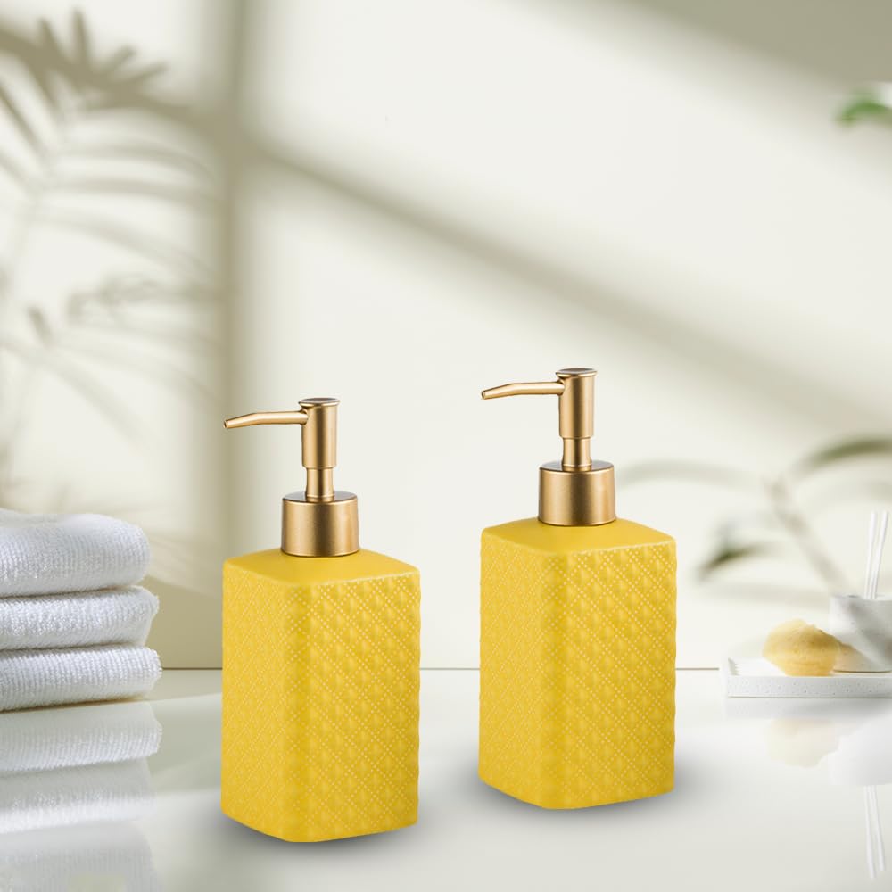 The Better Home 350ml Soap Dispenser Bottle - Yellow Set of 2 Ceramic Liquid Pump Dispenser for Kitchen Wash-Basin and Bathroom