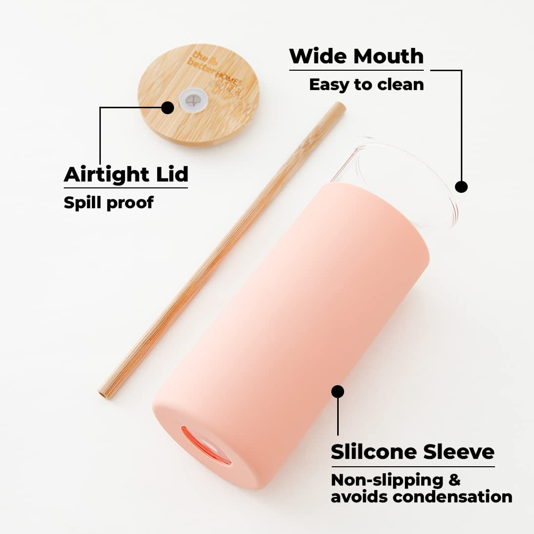 The Better Home 450ml Borosilicate Glass Tumbler with Bamboo Lid & Straw, Leak & Sweat Proof, Durable Travel Coffee Mug - Peach