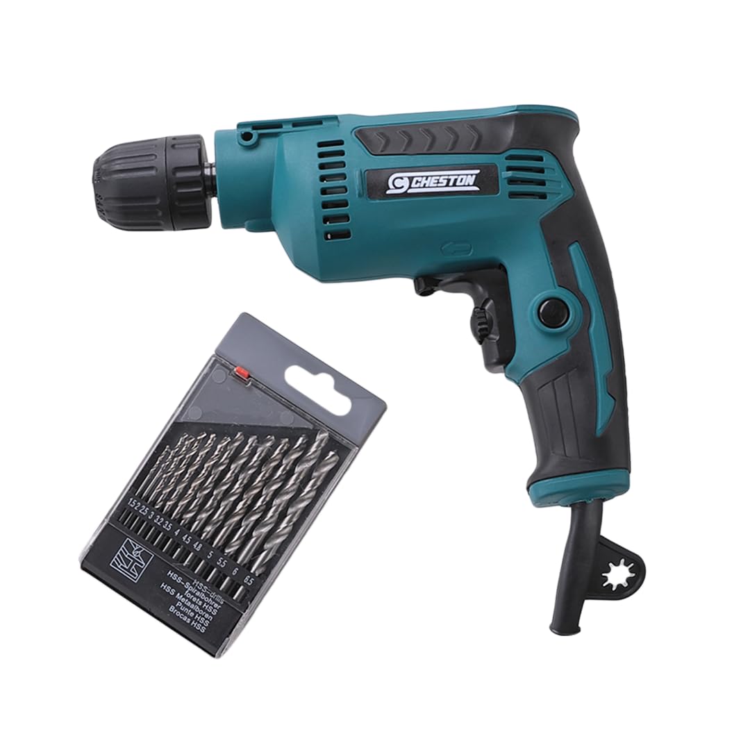 Cheston 10mm 500W Drill Machine, 2800RPM, Variable Speed, Reversible, Keyless Chuck, with 13HSS Drill Bit Set.