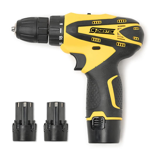 Cheston 12V Cordless Drill/Screwdriver, Dual Speed, Keyless Chuck, 2 Batteries, LED Torch, Variable Speed/Torque, 191x28x24x7mm, Yellow