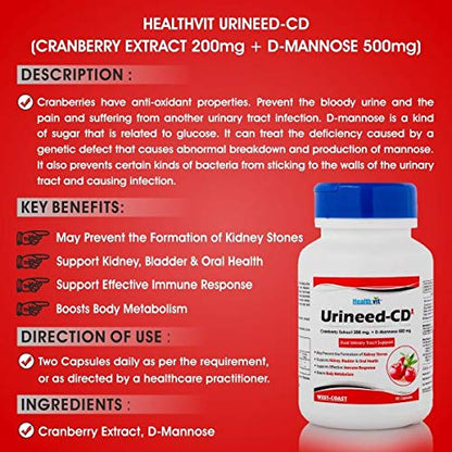 Healthvit Urineed-CD Cranberry Extract 200 mg  D-Mannose 500 mg Capsules - 60 Count