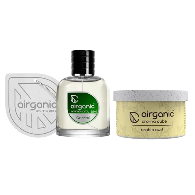 Airganic Aroma Car Freshener Combo Pack  Fine Spray New Car Scent  Aroma Cube Arabic Oud air fragrance