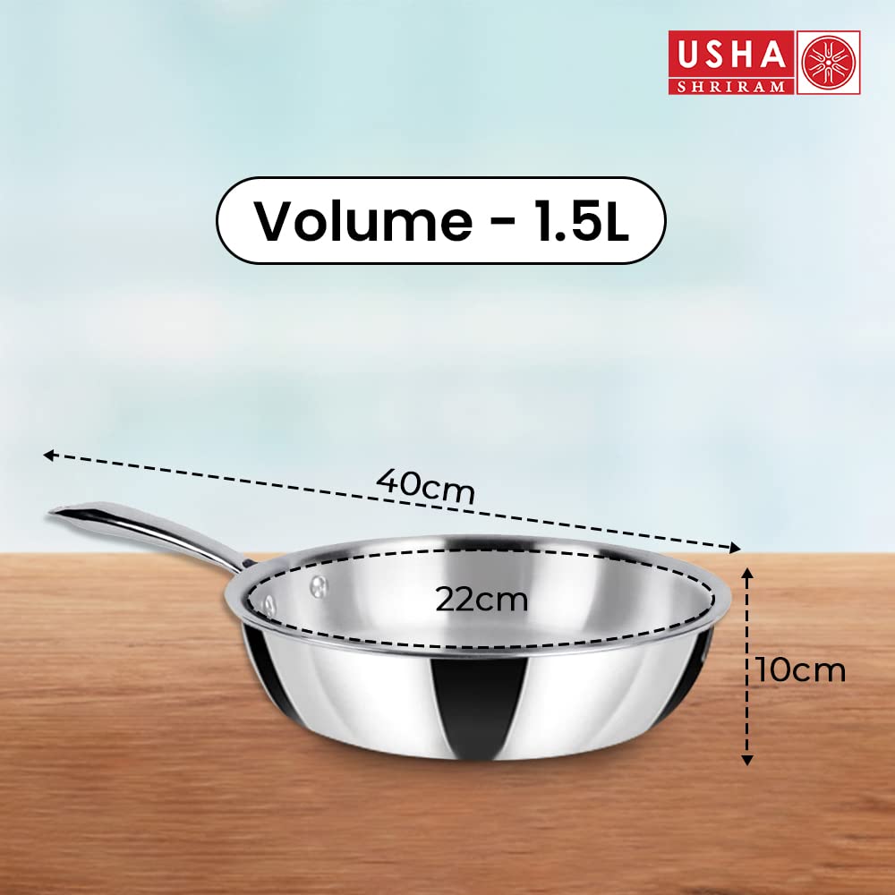 USHA SHRIRAM 1.5L Triply Stainless Steel Frying Pan with Lid, Stove & Induction Cookware, Heat Surround, Easy Grip Handles