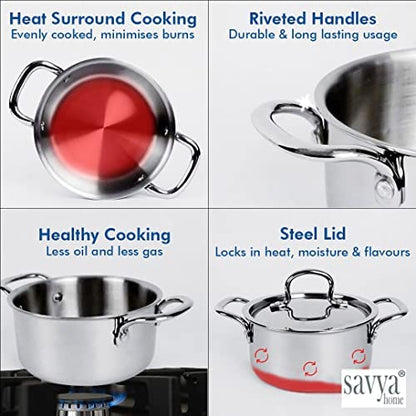 SAVYA HOME Triply Cookware Combo: Kadai 26cm-3L, Saucepan 18cm, Casserole 22cm-4L, SS Lids, Stove & Induction Compatible.