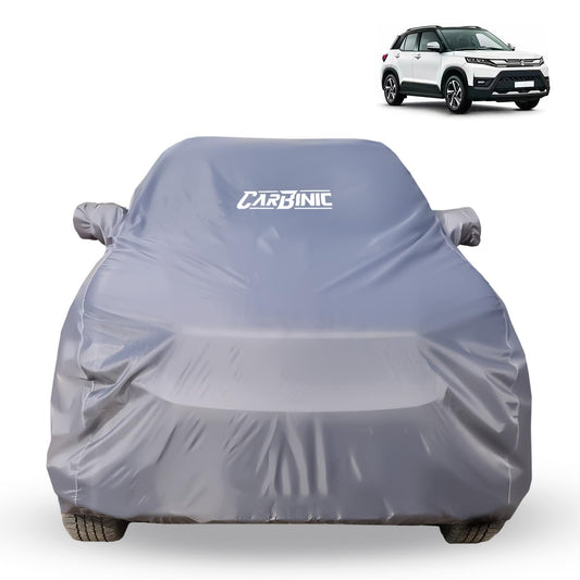 CARBINIC Car Body Cover for Maruti Brezza 2022: Water Resistant, UV Protection, Scratchproof, Dustproof, All-Weather, Mirror Pocket, Antenna, Grey