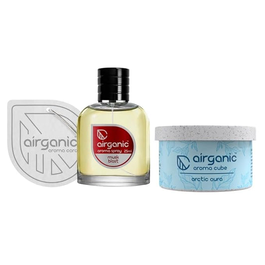 Airganic Aroma Car Freshener Combo Pack  Fine Spray Musk Blast   Aroma Cube Artic Aura air fragrance