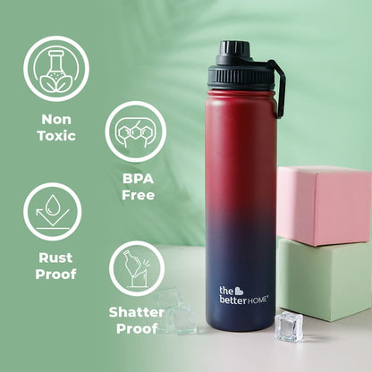 The Better Home 710ml Stainless Steel Insulated Water Bottle, BPA Free, Hot/Cold, Maroon-Blue.