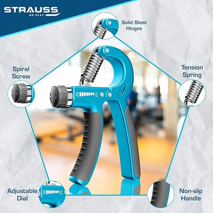 Strauss Adjustable Hand Grip 10KG-40KG for Home Gym, Finger, Forearm, Hand Exercises, Strength Building, Black/Blue, Pack of 50