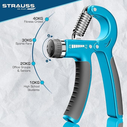 Strauss Adjustable Hand Grip 10KG-40KG for Home Gym, Finger, Forearm, Hand Exercises, Strength Building, Black/Blue, Pack of 50