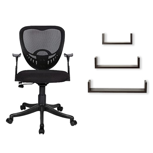SAVYA HOME Delta Executive Ergonomic Office Chair  U-Shaped Wooden Wall Mounted Shelves Set of 3 - Black Combo  Durable  Long Lasting  Home  Office Furniture  DIY Assemble