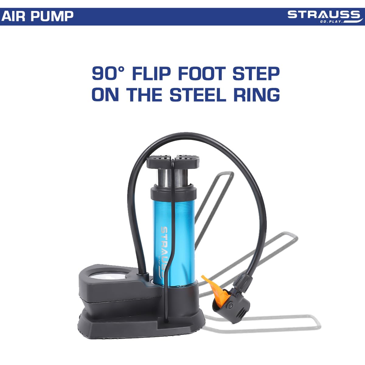 Strauss Portable High Pressure Foot Air Pump for Car/Bike/Bicycle/Football/Scooter, Fits Presta & Schrader, Blue, with Needle & Pressure Gauge.