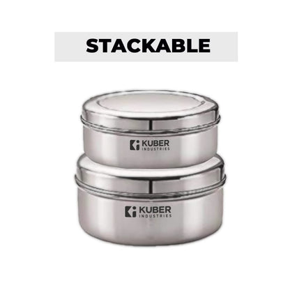 Kuber Industries Stainless Steel Flat Kitchen Container Set  Rust Proof  Durable  Multipurpose Easy to Clean Sturdy  Stackable  Kitchen Storage Containers Set of 2 - Assorted