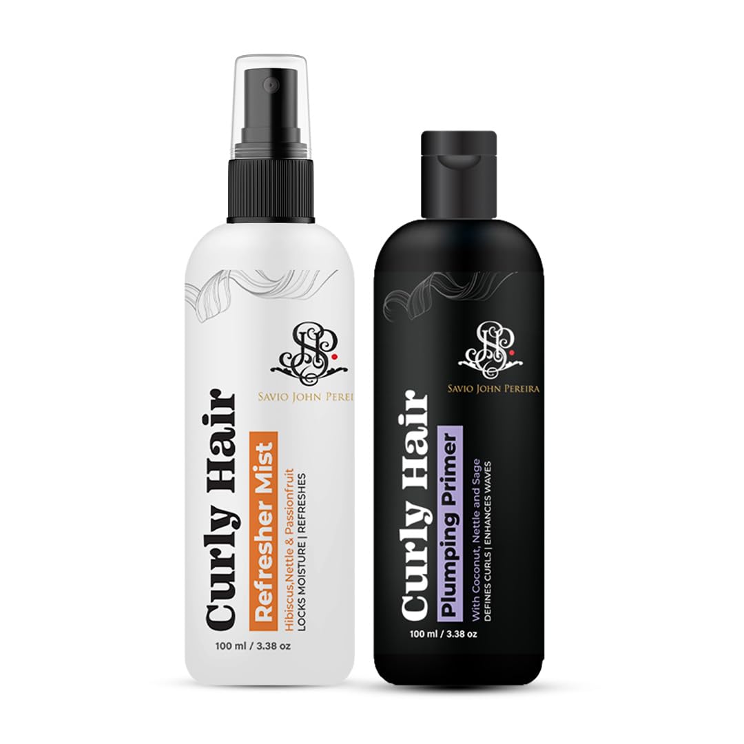 Curly Hair Plumping Primer & Refresher Mist Combo by Savio John Pereira, pack of 2. Frizzy & curly hair care spray.