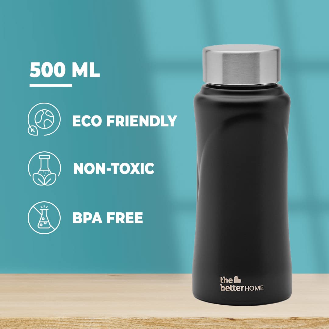 The Better Home 500ml Stainless Steel Water Bottle Pack of 3, Rust Proof, Lightweight, Durable, for Kids and Adults, Black.