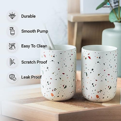 The Better Home 3pcs Ceramic Bathroomware Bathroom Liquid soap Dispenser Set White Toothbrush Holder and Tumbler Set of 4