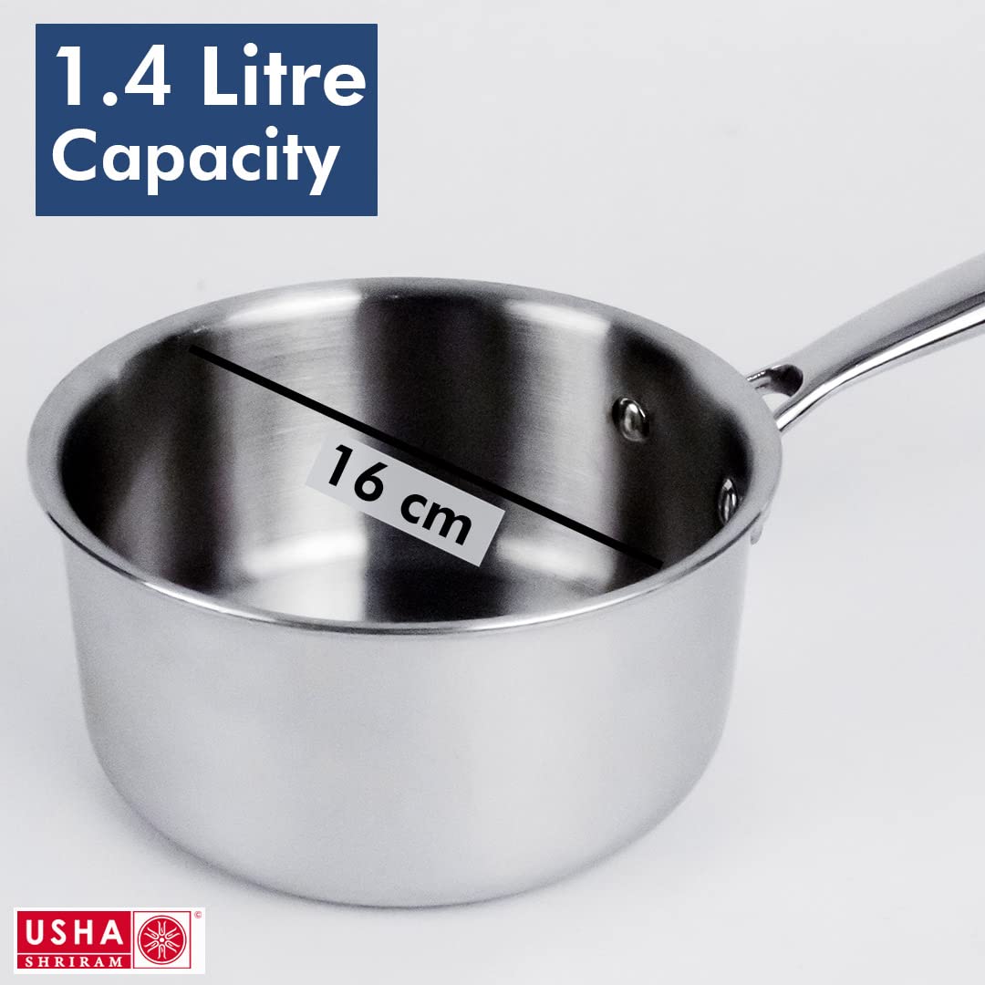 USHA SHRIRAM Triply Stainless Steel Sauce Pan with Lid, Induction Cookware, Easy Grip Handles, 1.4L & 2.1L