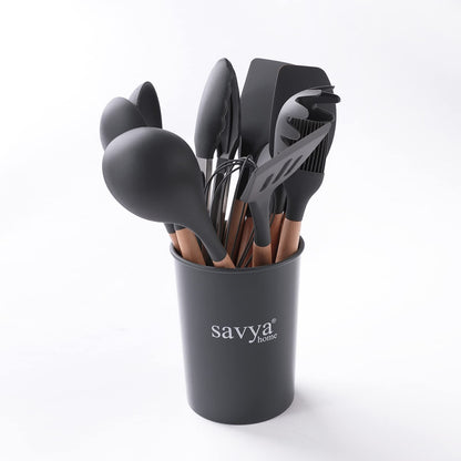 SAVYA HOME BPA-Free Silicon Spatula Set, Non-Stick, Heat Resistant, Dishwasher Safe, Set of 12, Dark Grey.