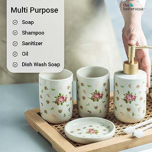 The Better Home Ceramic Bathroom Accessories Set: Liquid Soap Dispenser, Toothbrush Holder, Soap Holder, Bathroom Organizer - White Floral.