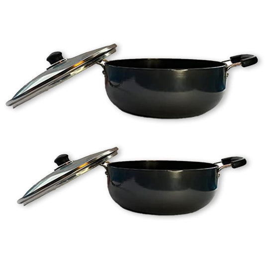 SAVYA HOME Hard Anodised Aluminium Kadai with Lid 20 cm - 2.4 L  26cm - 4.4 L Combo  Set of 2 Heat Surround Cooking  Gas  Induction Cookware  Black
