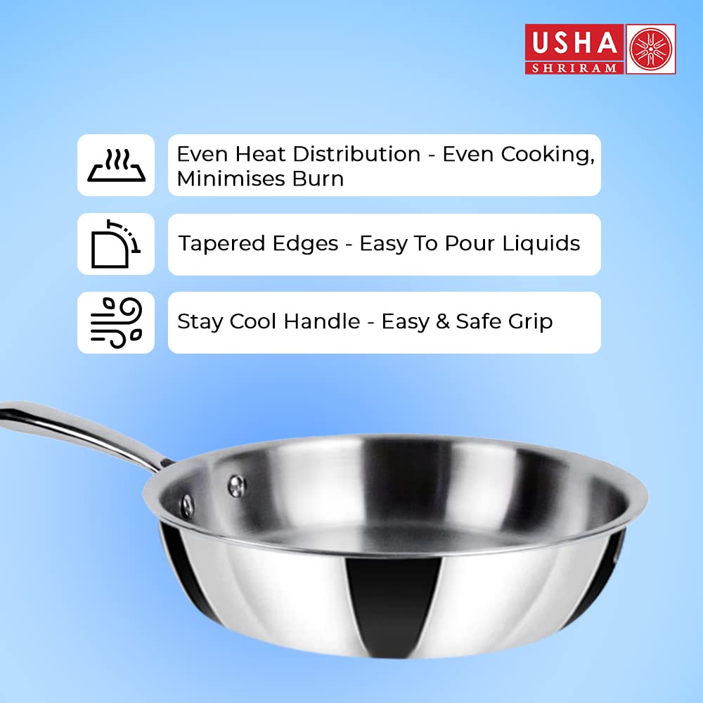 USHA SHRIRAM 1.5L Triply Stainless Steel Frying Pan with Lid, Stove & Induction Cookware, Heat Surround, Easy Grip Handles