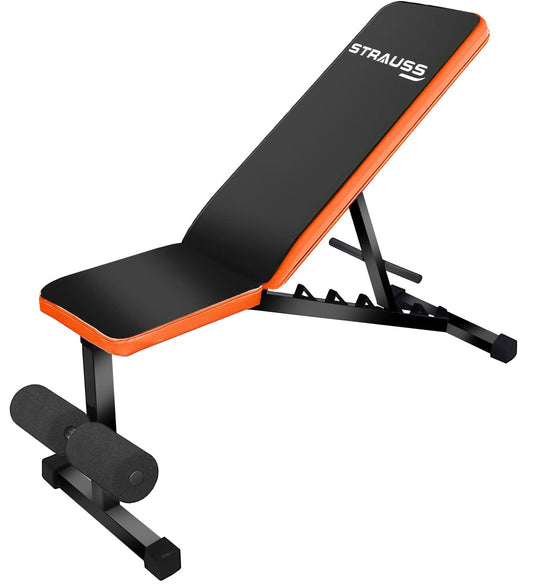 Strauss Adjustable Heavy Duty Gym Bench, 7 Positions, Incline/Decline, Multipurpose, Black/Orange