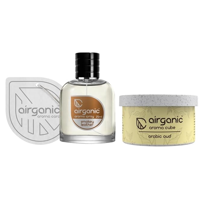 Airganic Aroma Car Freshener Combo Pack  Fine Spray Smokey Leather  Aroma Cube Arabic Oud air fragrance